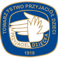 Logo na niebieskim tle biała duża rączka i mała rączka dotykająca się - wokół napis towarzystwo przyjaciół dzieci.png